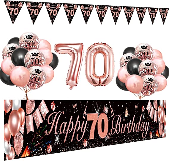"SWPEED 70th Birthday Decorations for Women: Rose Gold Happy 70th Birthday Banner, Balloons, Triangle Flag Banner"