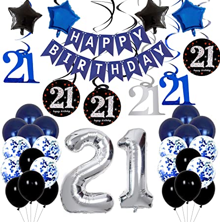 21st Birthday Decorations for Men Boy Navy Blue - Happy 21st Birthday Balloons Banner with Hanging Swirl, Confetti Latex Balloons for Birthday Party Decorations