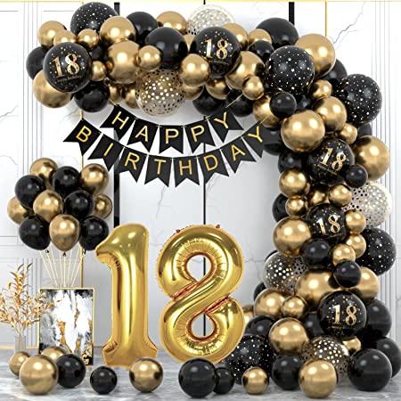 th Birthday Decorations for Boys/Girls: Black Gold Balloons & Happy Birthday Banner"