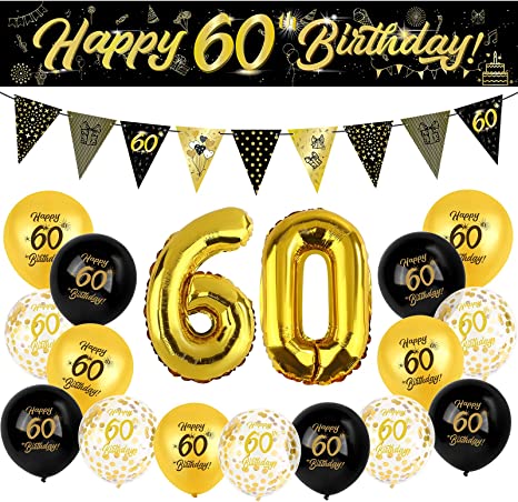 "Black Gold 60th Birthday Party Decorations Kit: Banners, Confetti Balloons, Latex Balloons"