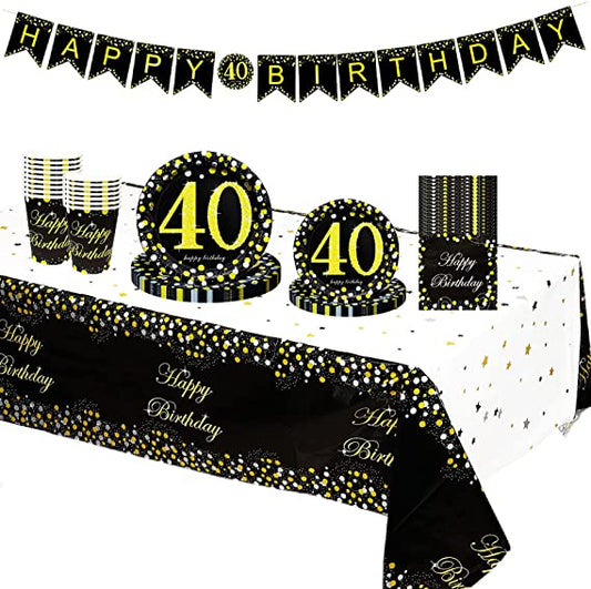 40th Birthday Tableware Set - Black Gold 40th Birthday Party Table Decorations Kit - 40th Birthday Banner, Table Cloth, Paper Plates, Napkins, Cups - For Men, Women, Him, H