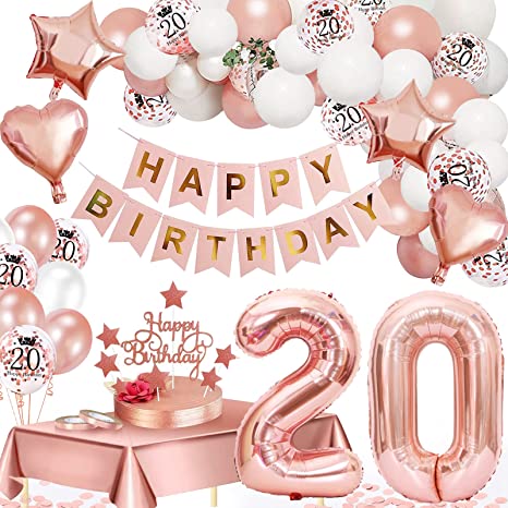 "Rose Gold Birthday Decorations for Girls: Happy Birthday Banner, Number 20 Balloon & Confetti Balloons"
