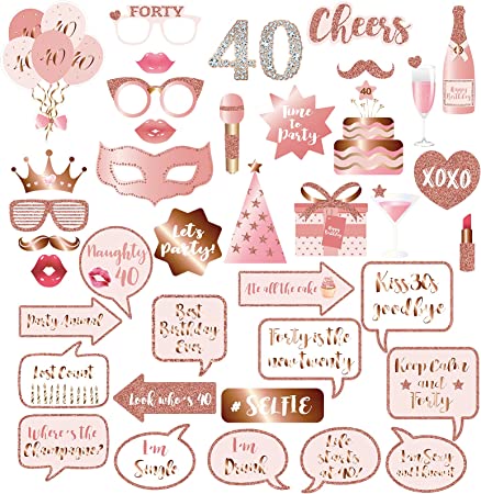 40th Birthday Party Photo Booth Props and Signs - Rose Gold 40 Birthday Party Selfie Props Kit with Sticks for Girls Women - Forty 40th Happy Birthday Party Decorations Supp