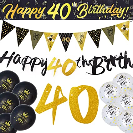 40th Birthday Decoration Kit - 13 Pieces Birthday Party Decoration Include Happy 40th Birthday Banner, Bunting, 12” Latex Printed Balloons, 9ft Banner for Women Men 40th Bi