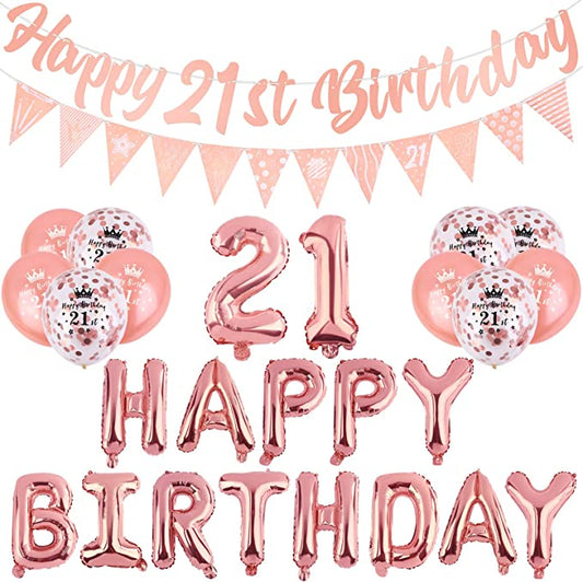 Rose Gold 21st Birthday Decorations Kit - Happy Birthday Banner, Triangle Flag Banner, Foil Banner Balloons, Confetti Latex Balloons for Birthday Party Supplies