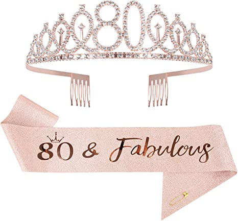 "Mikccer Rose Gold 80th Birthday Sash and Tiara - Party Accessories"