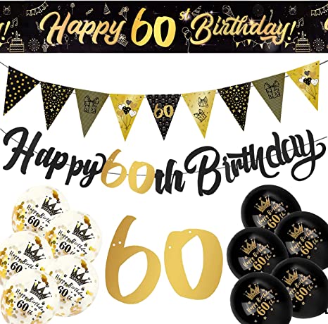 "60th Birthday Decoration Kit: Happy Birthday Banner, Bunting, Latex Printed Balloons, Banner for Women and Men"