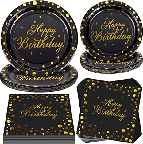 " Black and Gold Birthday Party Supplies: Disposable Tableware Set for 16 Guests, Plates, Napkins, Party Dinnerware"