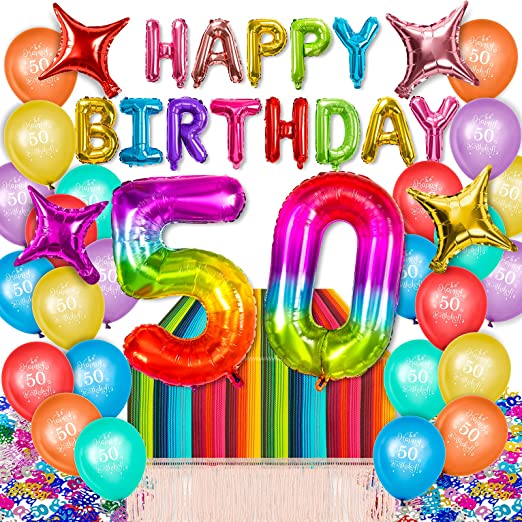 "Colorful 50th Birthday Decorations Kit: Rainbow Latex Balloons, Foil Balloons, Confetti, Ribbon"