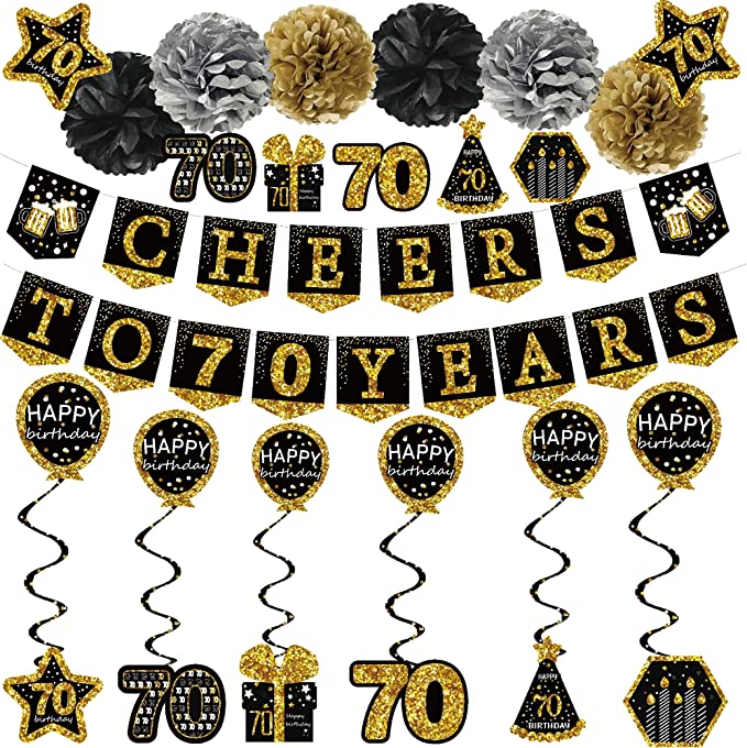 "Cheers to 70 Years Black Gold Glitter Banner - Stylish Party Decor for Women"